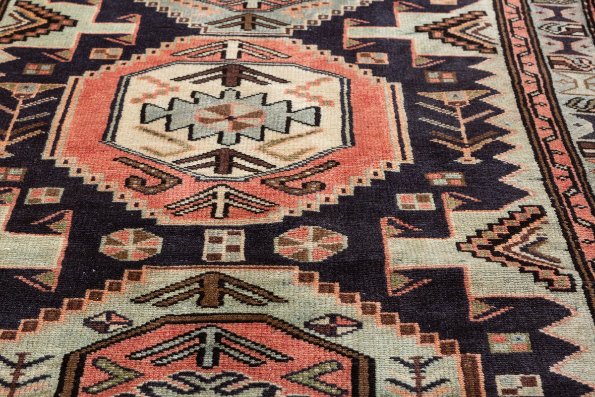 Vintage Navy Blue and Soft Blue Four Medallion Panel Area Rug – 6' 2" x 2' 11" (187 x 89 cm)