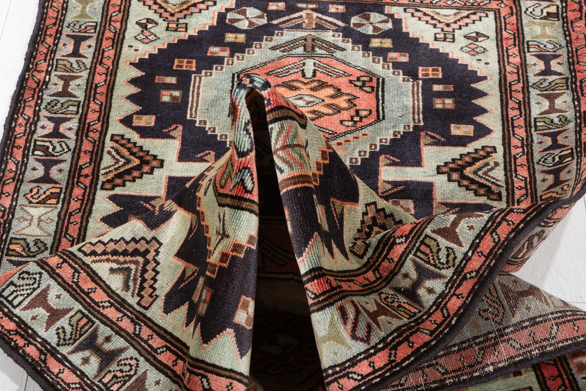 Vintage Navy Blue and Soft Blue Four Medallion Panel Area Rug – 6' 2" x 2' 11" (187 x 89 cm)