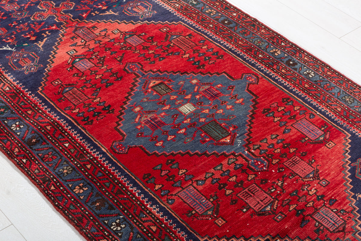 Vintage Red and Navy Blue Elongated Medallion Hand-Knotted Area Rug – 6' 8" x 3' 5" (204 x 104 cm)