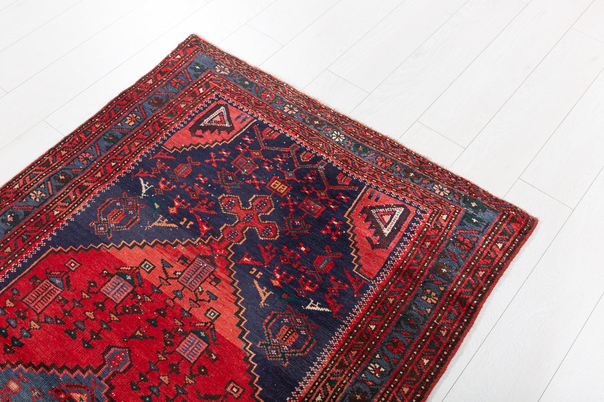 Vintage Red and Navy Blue Elongated Medallion Hand-Knotted Area Rug – 6' 8" x 3' 5" (204 x 104 cm)