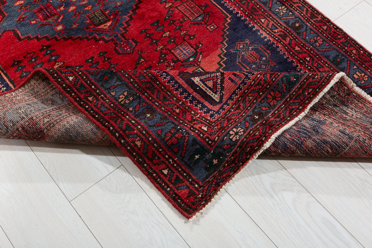 Vintage Red and Navy Blue Elongated Medallion Hand-Knotted Area Rug – 6' 8" x 3' 5" (204 x 104 cm)
