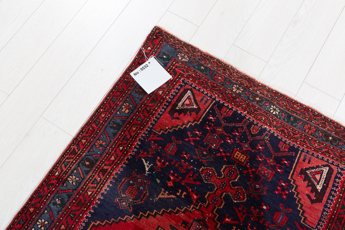 Vintage Red and Navy Blue Elongated Medallion Hand-Knotted Area Rug – 6' 8" x 3' 5" (204 x 104 cm)