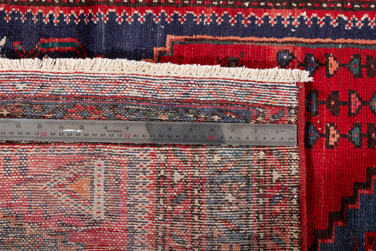 Vintage Red and Navy Blue Elongated Medallion Hand-Knotted Area Rug – 6' 8" x 3' 5" (204 x 104 cm)