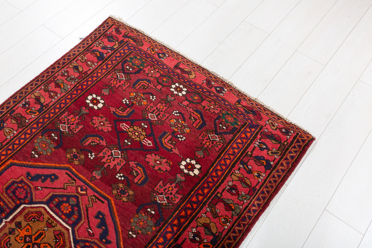 Vintage Burgundy Geometric Medallion Area Rug – 6' 3" x 3' 5" (190 x 105 cm)