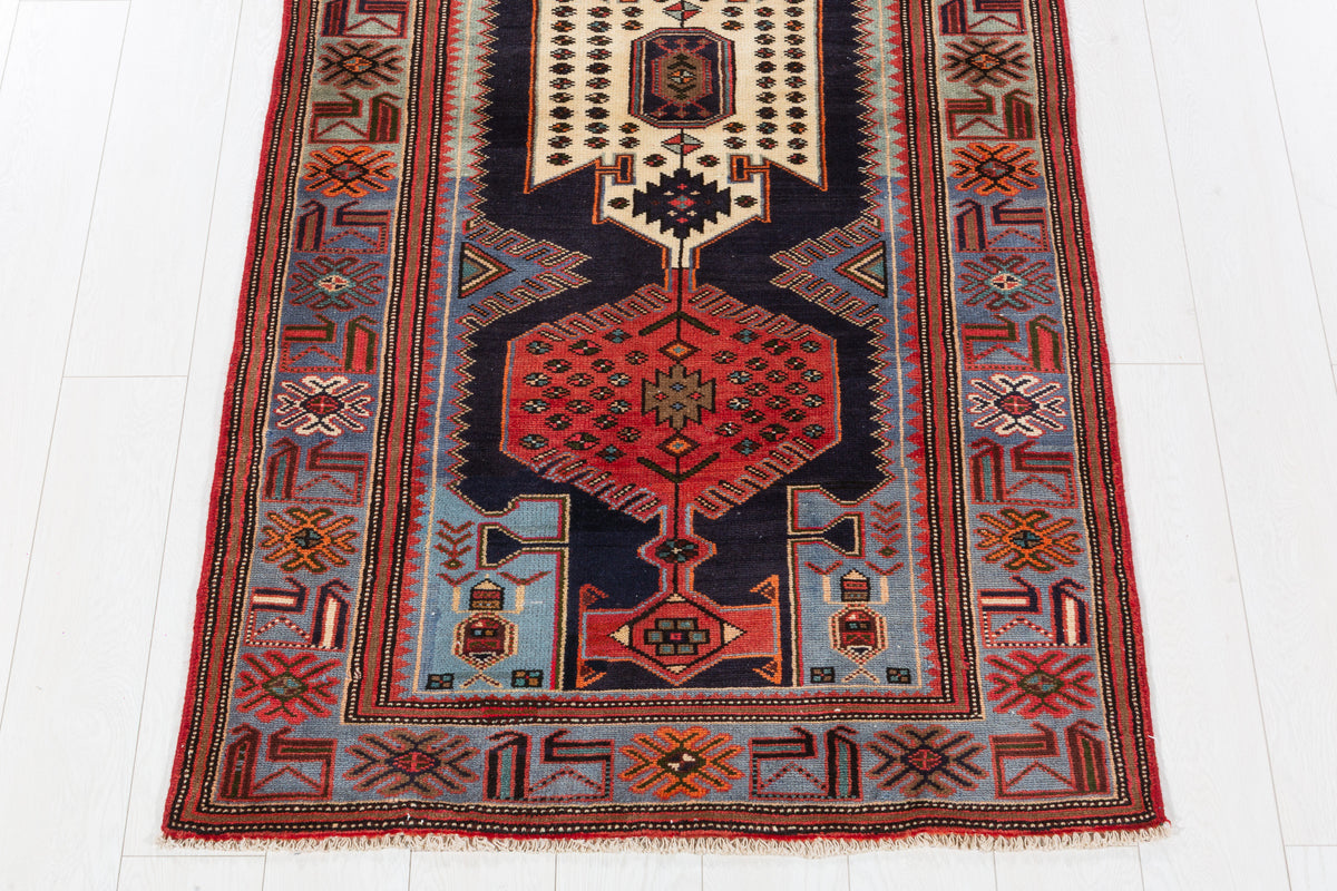 Vintage Blue, Navy Blue, and Red Triple Diamond Medallion Hand-Knotted Area Rug – 6' 9" x 3' 3" (205 x 100 cm)