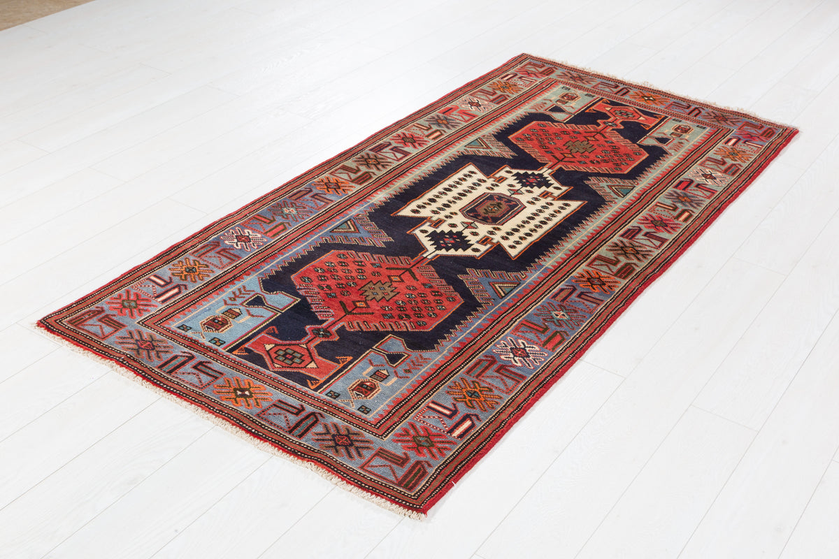 Vintage Blue, Navy Blue, and Red Triple Diamond Medallion Hand-Knotted Area Rug – 6' 9" x 3' 3" (205 x 100 cm)