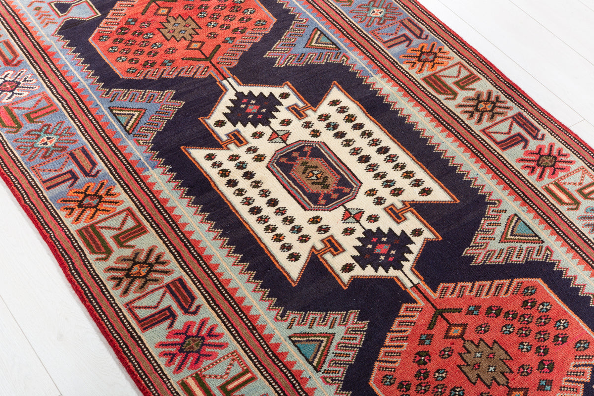 Vintage Blue, Navy Blue, and Red Triple Diamond Medallion Hand-Knotted Area Rug – 6' 9" x 3' 3" (205 x 100 cm)