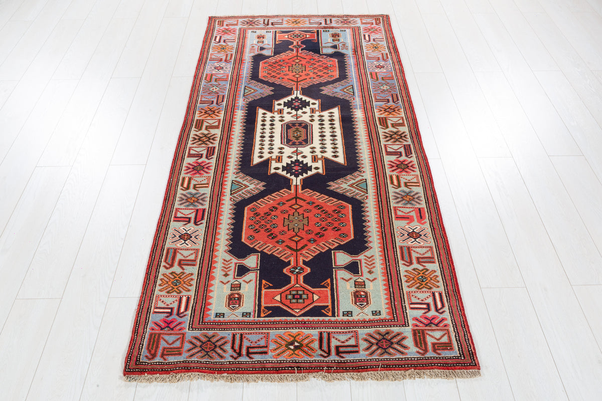 Vintage Blue, Navy Blue, and Red Triple Diamond Medallion Hand-Knotted Area Rug – 6' 9" x 3' 3" (205 x 100 cm)