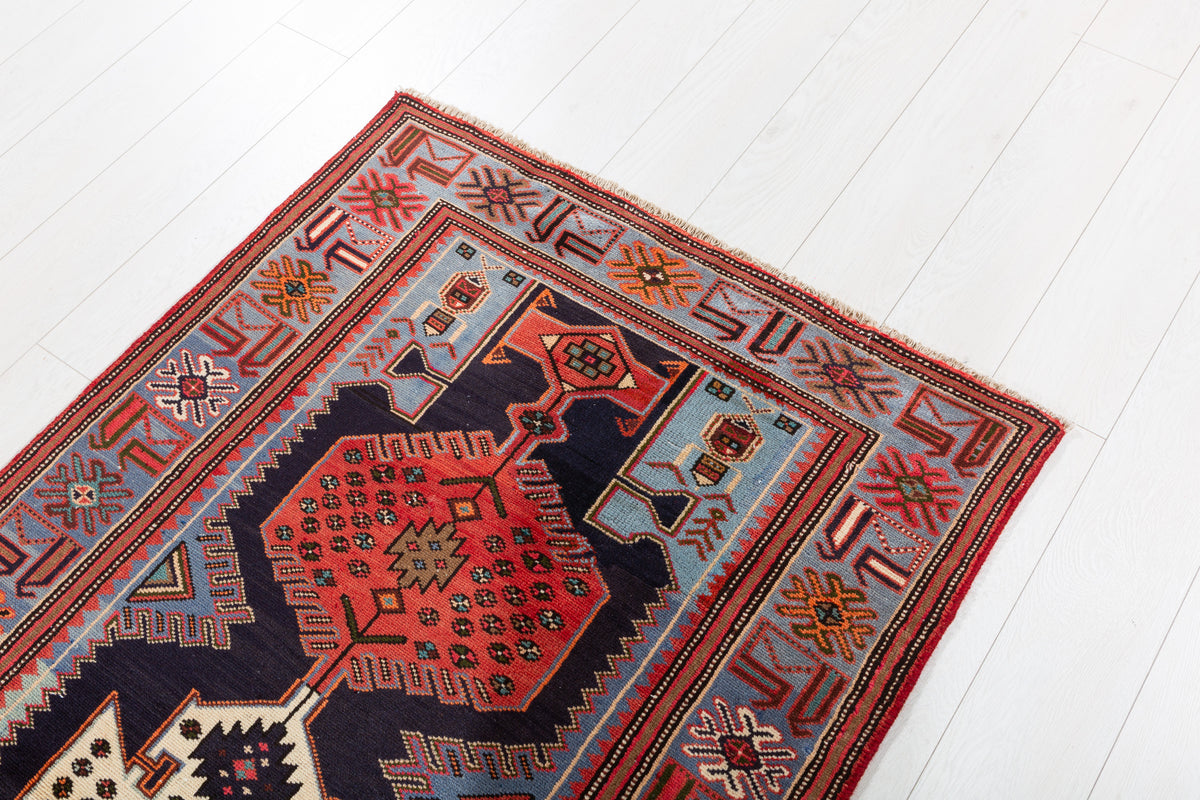 Vintage Blue, Navy Blue, and Red Triple Diamond Medallion Hand-Knotted Area Rug – 6' 9" x 3' 3" (205 x 100 cm)