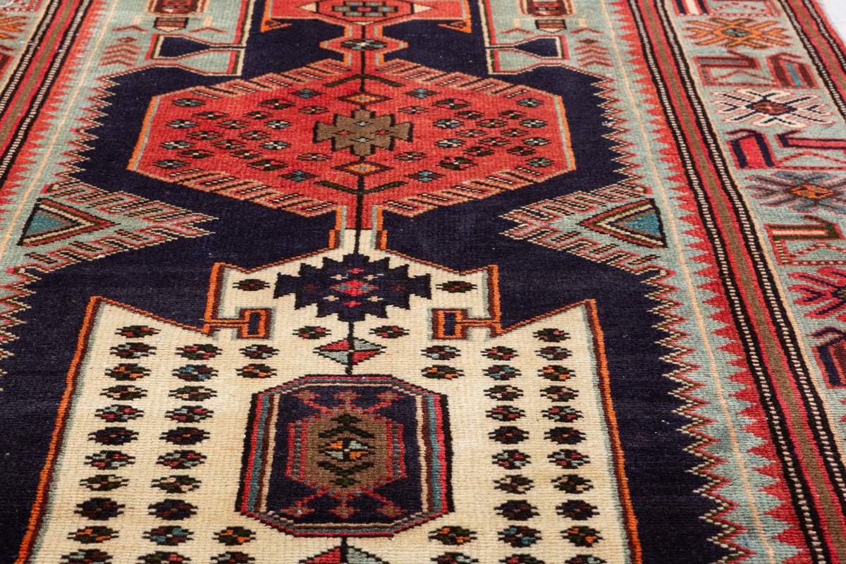 Vintage Blue, Navy Blue, and Red Triple Diamond Medallion Hand-Knotted Area Rug – 6' 9" x 3' 3" (205 x 100 cm)