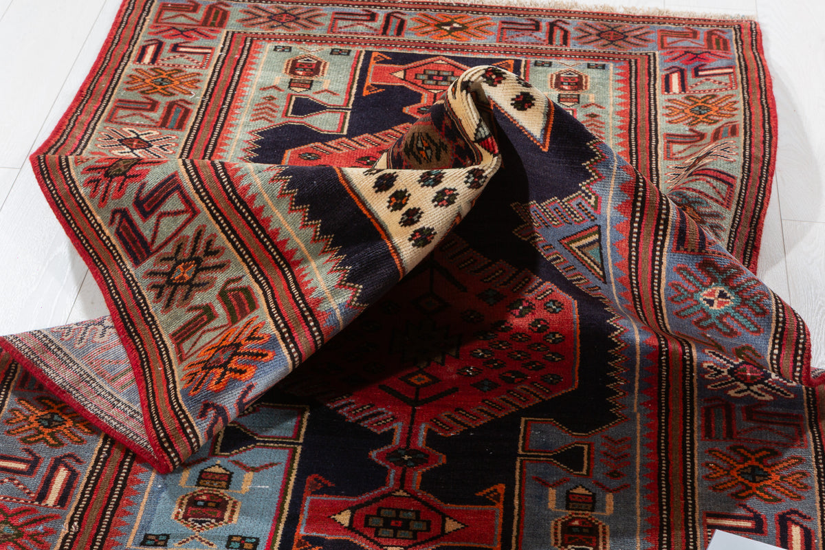 Vintage Blue, Navy Blue, and Red Triple Diamond Medallion Hand-Knotted Area Rug – 6' 9" x 3' 3" (205 x 100 cm)