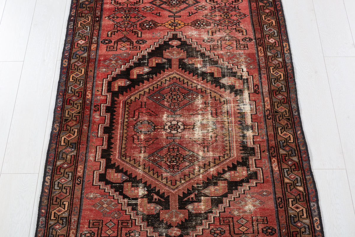 Antique Distressed Brick Red and Black Medallion Hand-Knotted Area Rug – 6' 6" x 3' 3" (197 x 100 cm)