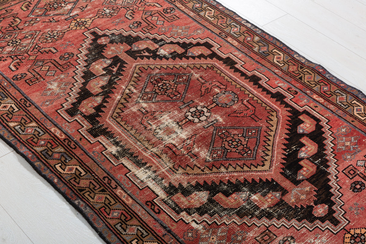 Antique Distressed Brick Red and Black Medallion Hand-Knotted Area Rug – 6' 6" x 3' 3" (197 x 100 cm)
