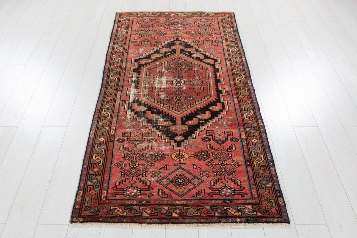 Antique Distressed Brick Red and Black Medallion Hand-Knotted Area Rug – 6' 6" x 3' 3" (197 x 100 cm)