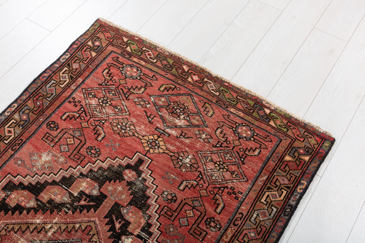 Antique Distressed Brick Red and Black Medallion Hand-Knotted Area Rug – 6' 6" x 3' 3" (197 x 100 cm)