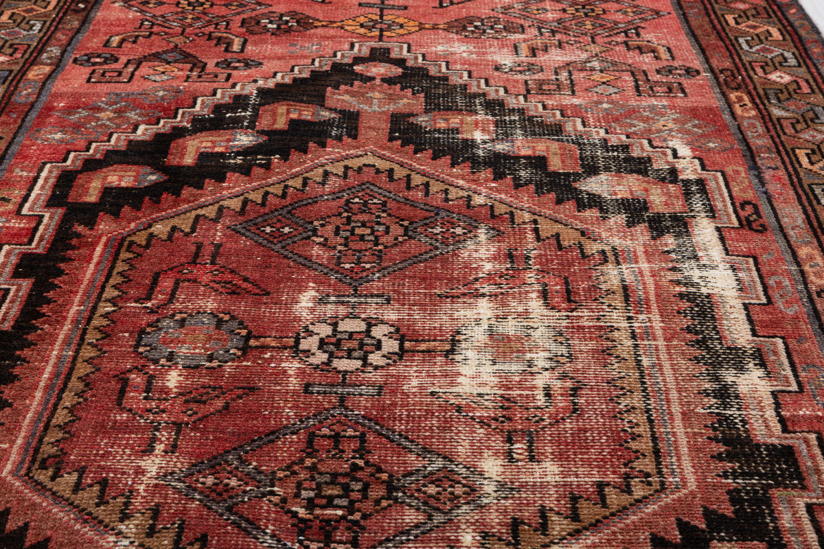 Antique Distressed Brick Red and Black Medallion Hand-Knotted Area Rug – 6' 6" x 3' 3" (197 x 100 cm)