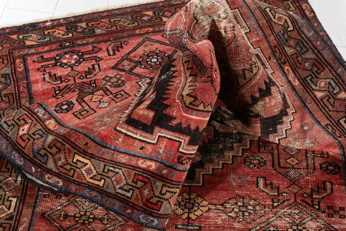 Antique Distressed Brick Red and Black Medallion Hand-Knotted Area Rug – 6' 6" x 3' 3" (197 x 100 cm)