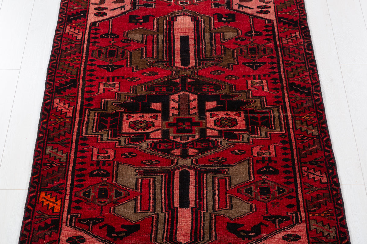 Vintage Red and Pink Bold Tribal Geometric Hand-Knotted Area Rug – 6' 10" x 3' 7" (209 x 110 cm)