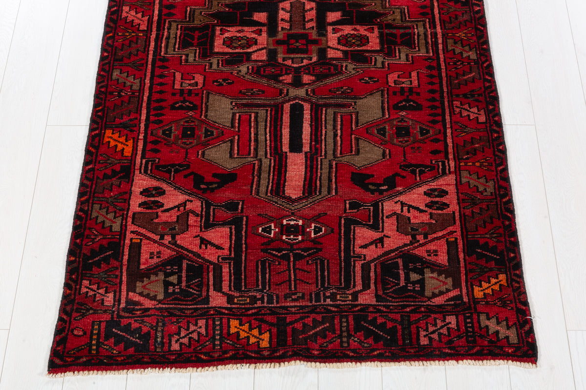 Vintage Red and Pink Bold Tribal Geometric Hand-Knotted Area Rug – 6' 10" x 3' 7" (209 x 110 cm)