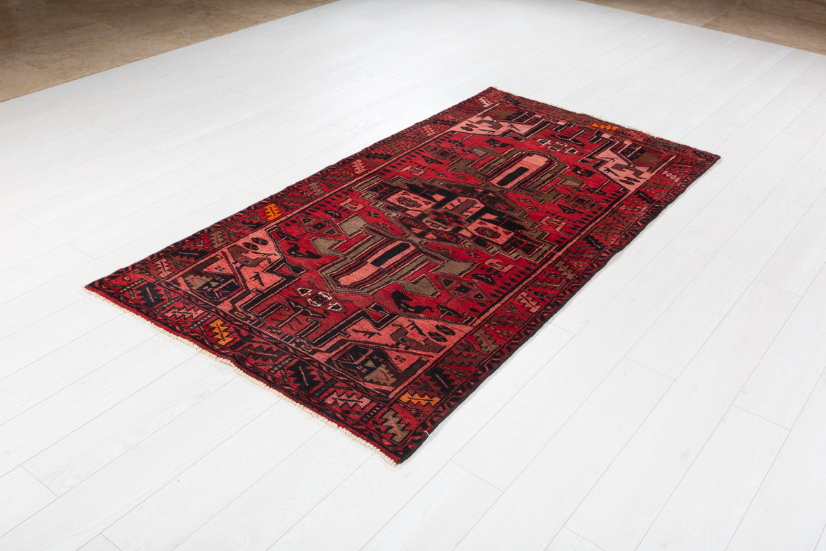Vintage Red and Pink Bold Tribal Geometric Hand-Knotted Area Rug – 6' 10" x 3' 7" (209 x 110 cm)