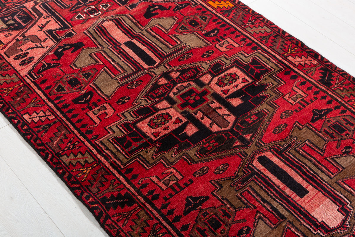 Vintage Red and Pink Bold Tribal Geometric Hand-Knotted Area Rug – 6' 10" x 3' 7" (209 x 110 cm)