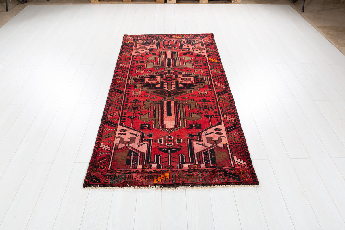 Vintage Red and Pink Bold Tribal Geometric Hand-Knotted Area Rug – 6' 10" x 3' 7" (209 x 110 cm)