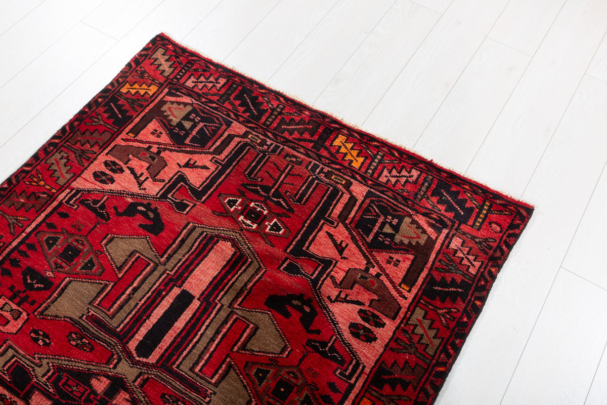 Vintage Red and Pink Bold Tribal Geometric Hand-Knotted Area Rug – 6' 10" x 3' 7" (209 x 110 cm)