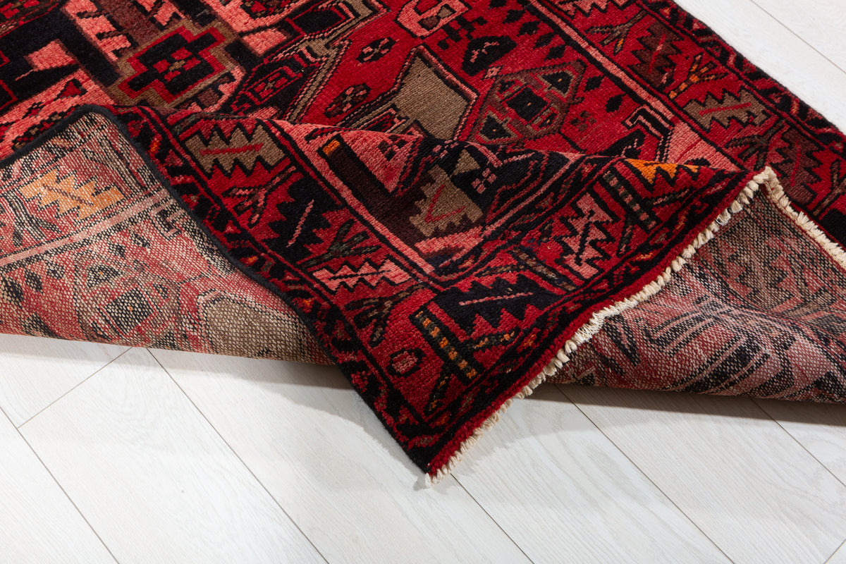 Vintage Red and Pink Bold Tribal Geometric Hand-Knotted Area Rug – 6' 10" x 3' 7" (209 x 110 cm)