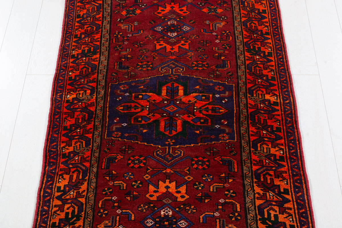 Vintage Rust Red, Orange, and Navy Blue Geometric Medallion Hand-Knotted Area Rug – 6' 7" x 3' 5" (200 x 105 cm)