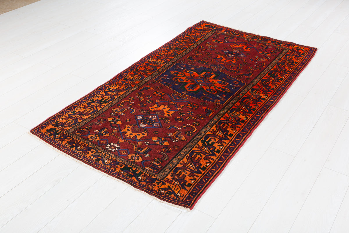 Vintage Rust Red, Orange, and Navy Blue Geometric Medallion Hand-Knotted Area Rug – 6' 7" x 3' 5" (200 x 105 cm)