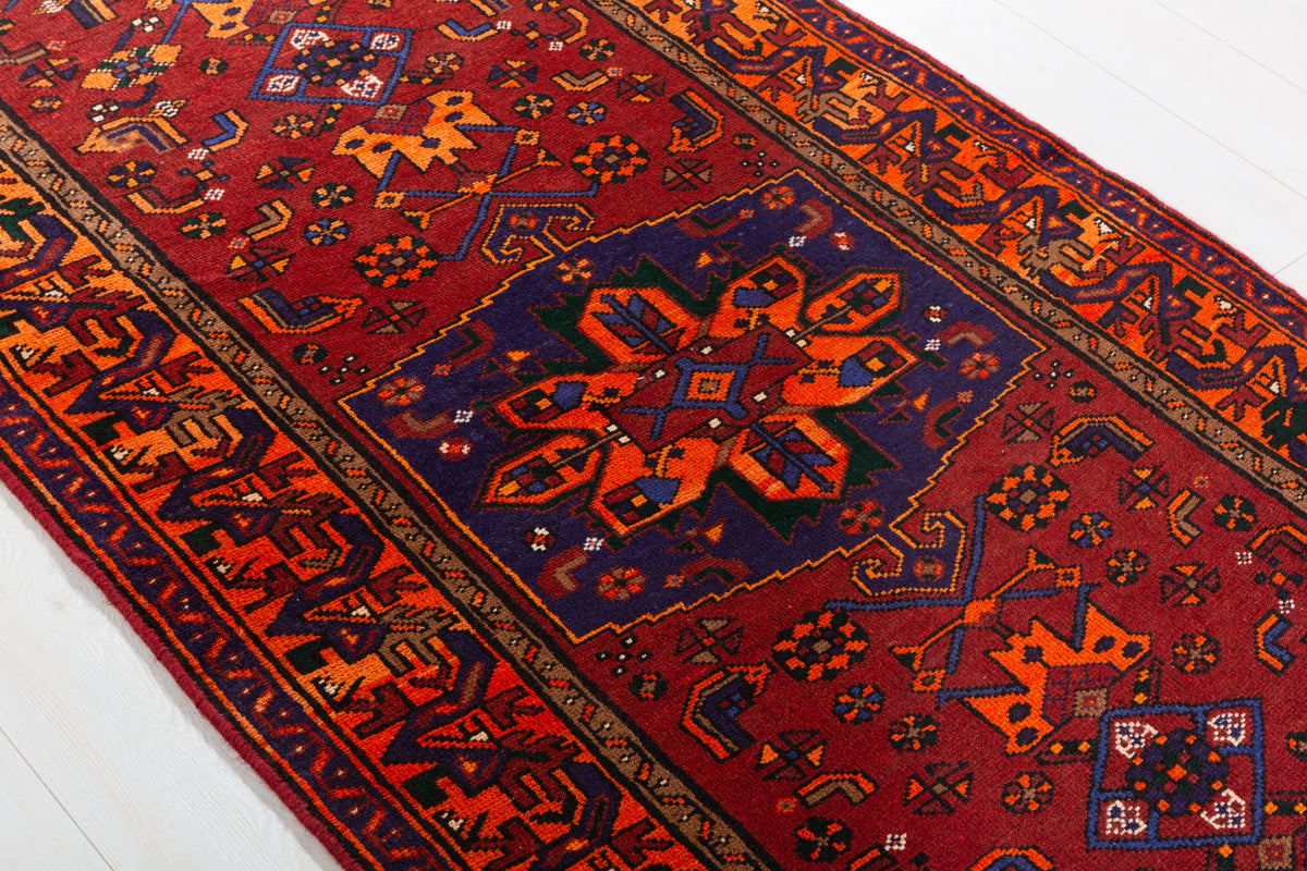Vintage Rust Red, Orange, and Navy Blue Geometric Medallion Hand-Knotted Area Rug – 6' 7" x 3' 5" (200 x 105 cm)