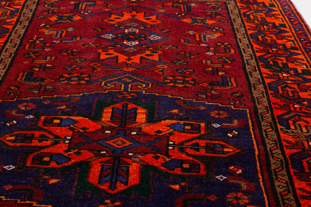 Vintage Rust Red, Orange, and Navy Blue Geometric Medallion Hand-Knotted Area Rug – 6' 7" x 3' 5" (200 x 105 cm)