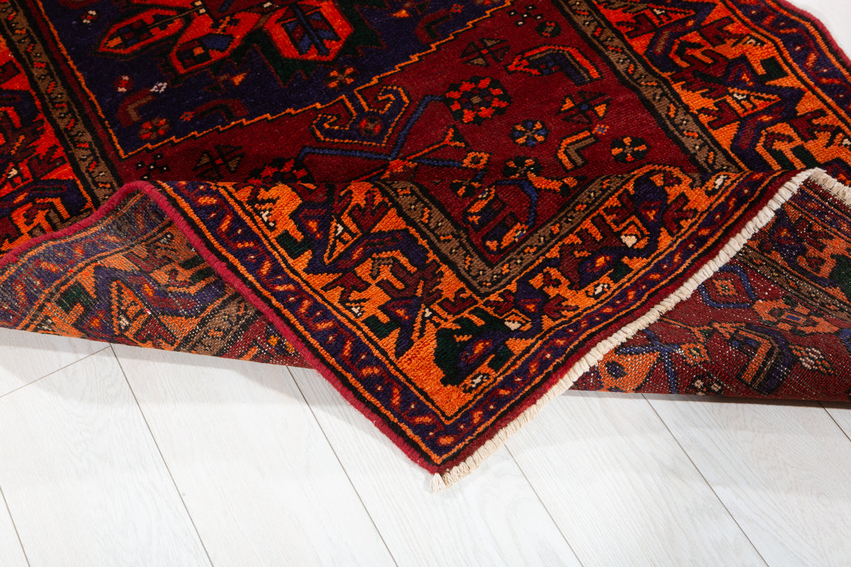 Vintage Rust Red, Orange, and Navy Blue Geometric Medallion Hand-Knotted Area Rug – 6' 7" x 3' 5" (200 x 105 cm)