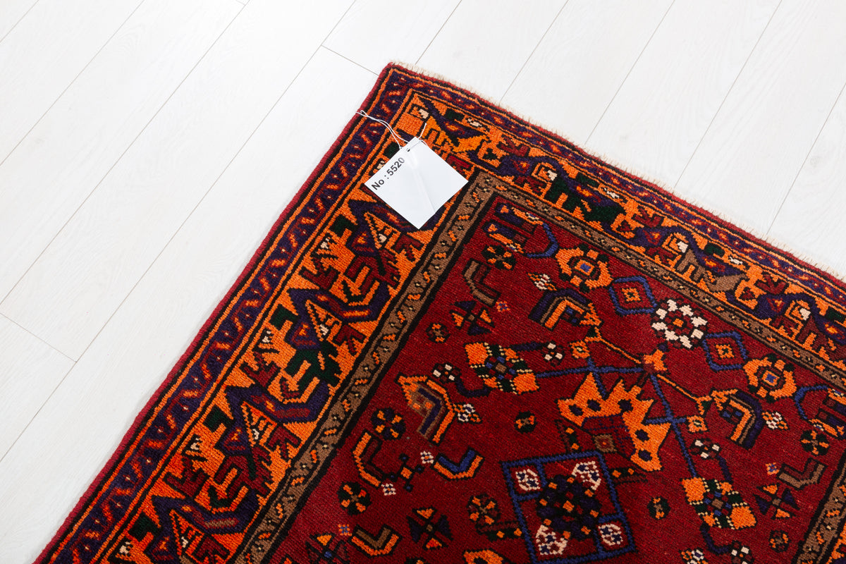 Vintage Rust Red, Orange, and Navy Blue Geometric Medallion Hand-Knotted Area Rug – 6' 7" x 3' 5" (200 x 105 cm)