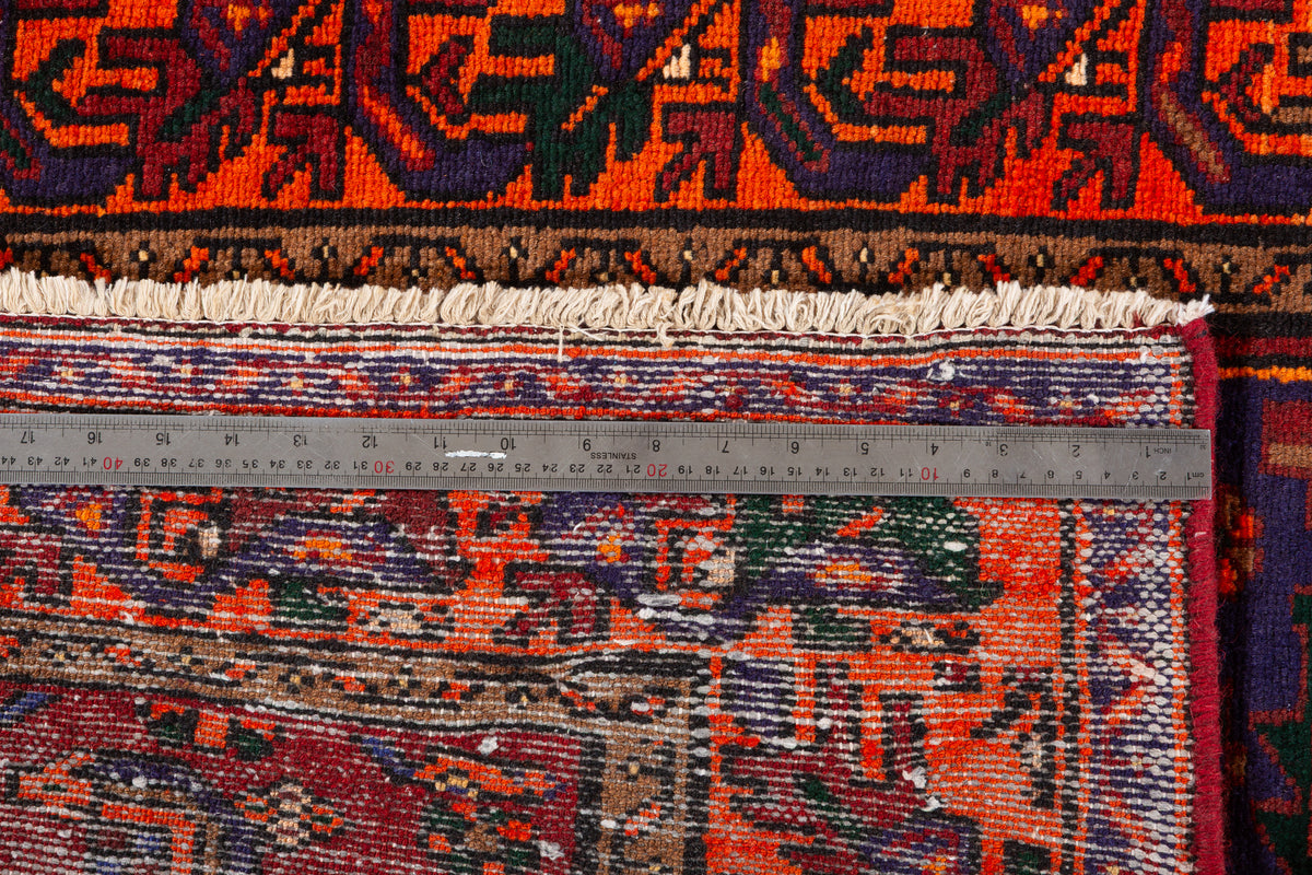Vintage Rust Red, Orange, and Navy Blue Geometric Medallion Hand-Knotted Area Rug – 6' 7" x 3' 5" (200 x 105 cm)