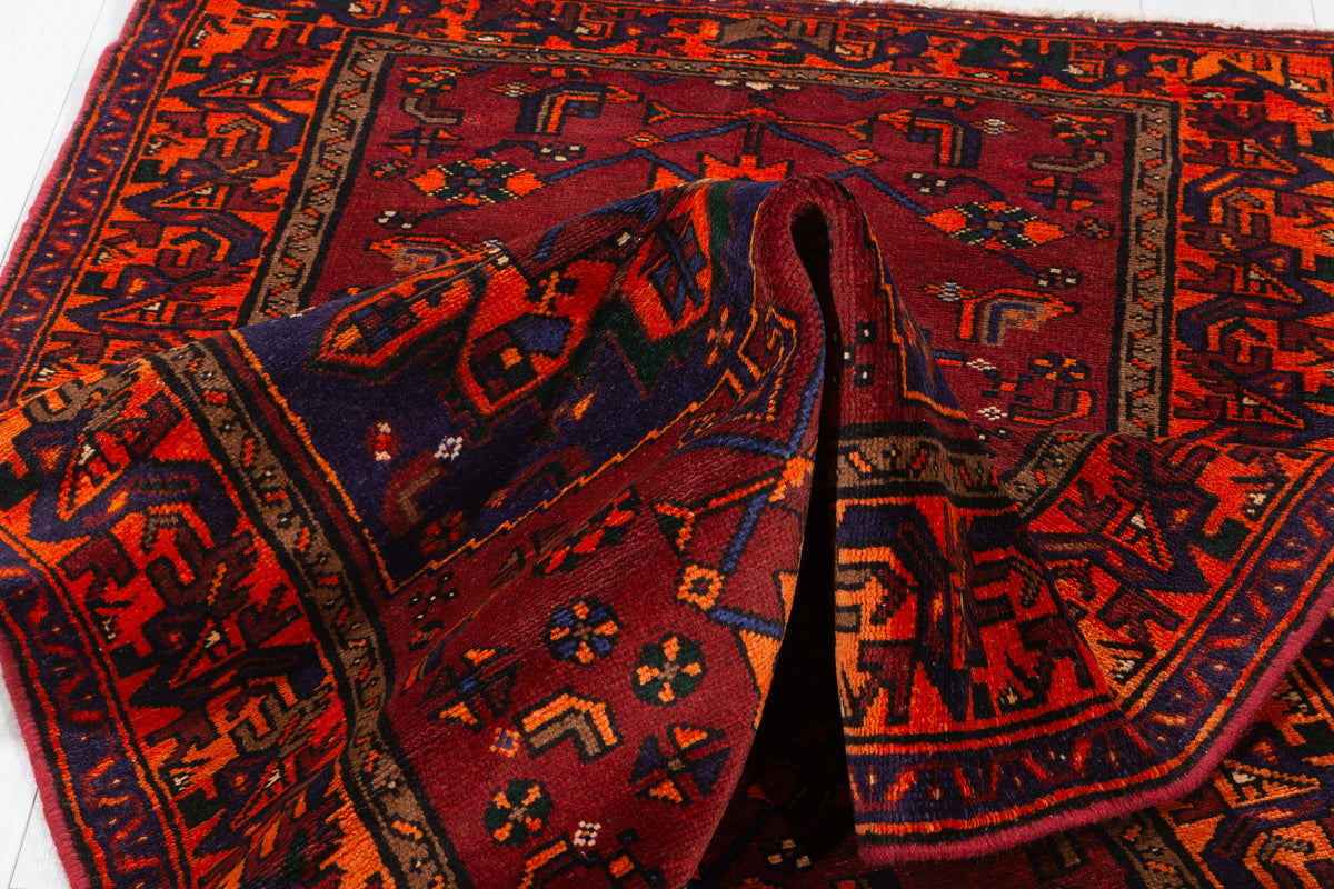 Vintage Rust Red, Orange, and Navy Blue Geometric Medallion Hand-Knotted Area Rug – 6' 7" x 3' 5" (200 x 105 cm)