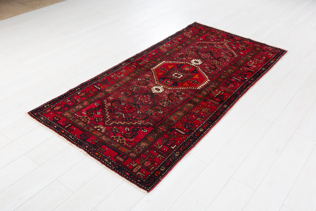 Vintage Burgundy Small Medallion Allover Hand-Knotted Area Rug – 6' 10" x 3' 5" (208 x 104 cm)