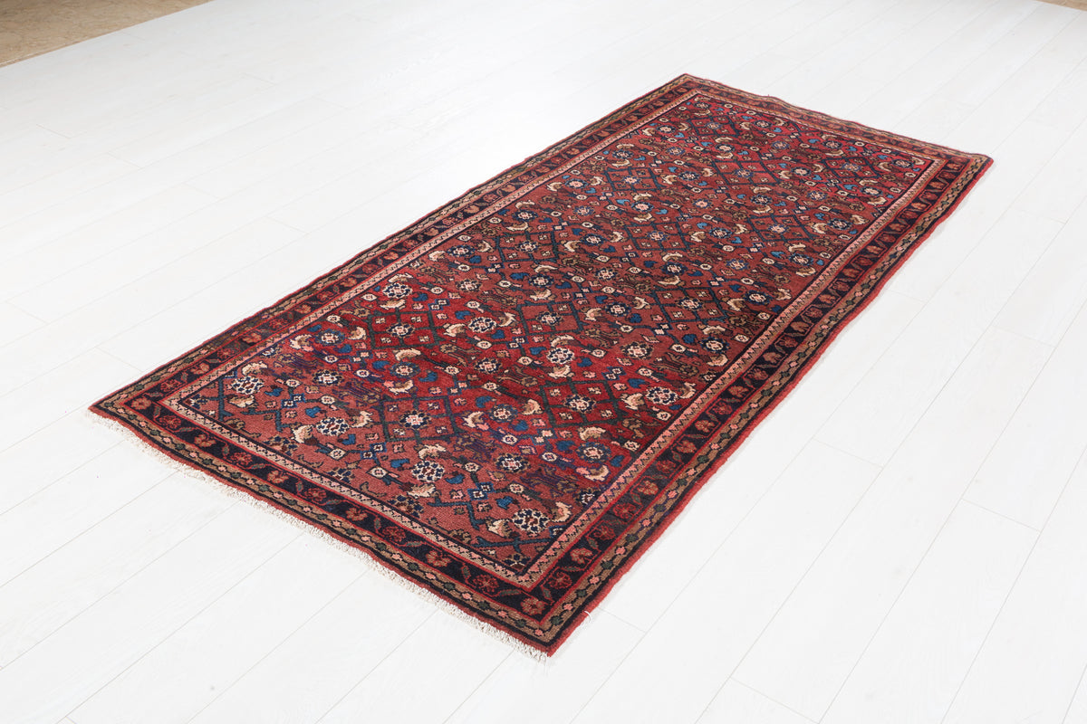 Vintage Rust Red Allover Diamond Lattice Hand-Knotted Area Rug – 7' 2" x 3' 5" (219 x 105 cm)