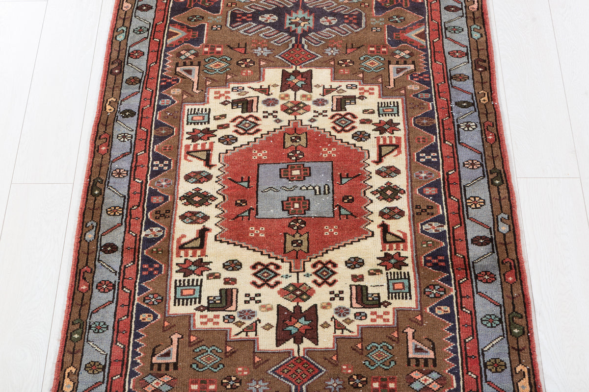 Vintage Brown and Blue Geometric Medallion Hand-Knotted Area Rug – 6' 4" x 3' 3" (194 x 98 cm)