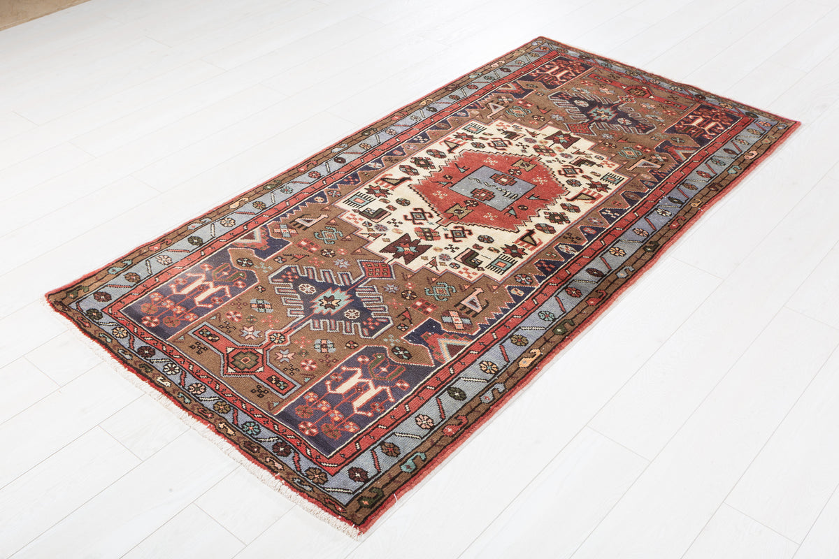 Vintage Brown and Blue Geometric Medallion Hand-Knotted Area Rug – 6' 4" x 3' 3" (194 x 98 cm)