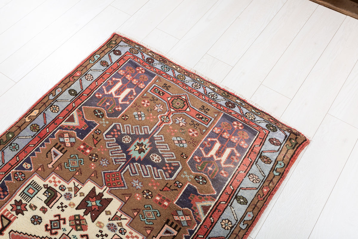 Vintage Brown and Blue Geometric Medallion Hand-Knotted Area Rug – 6' 4" x 3' 3" (194 x 98 cm)