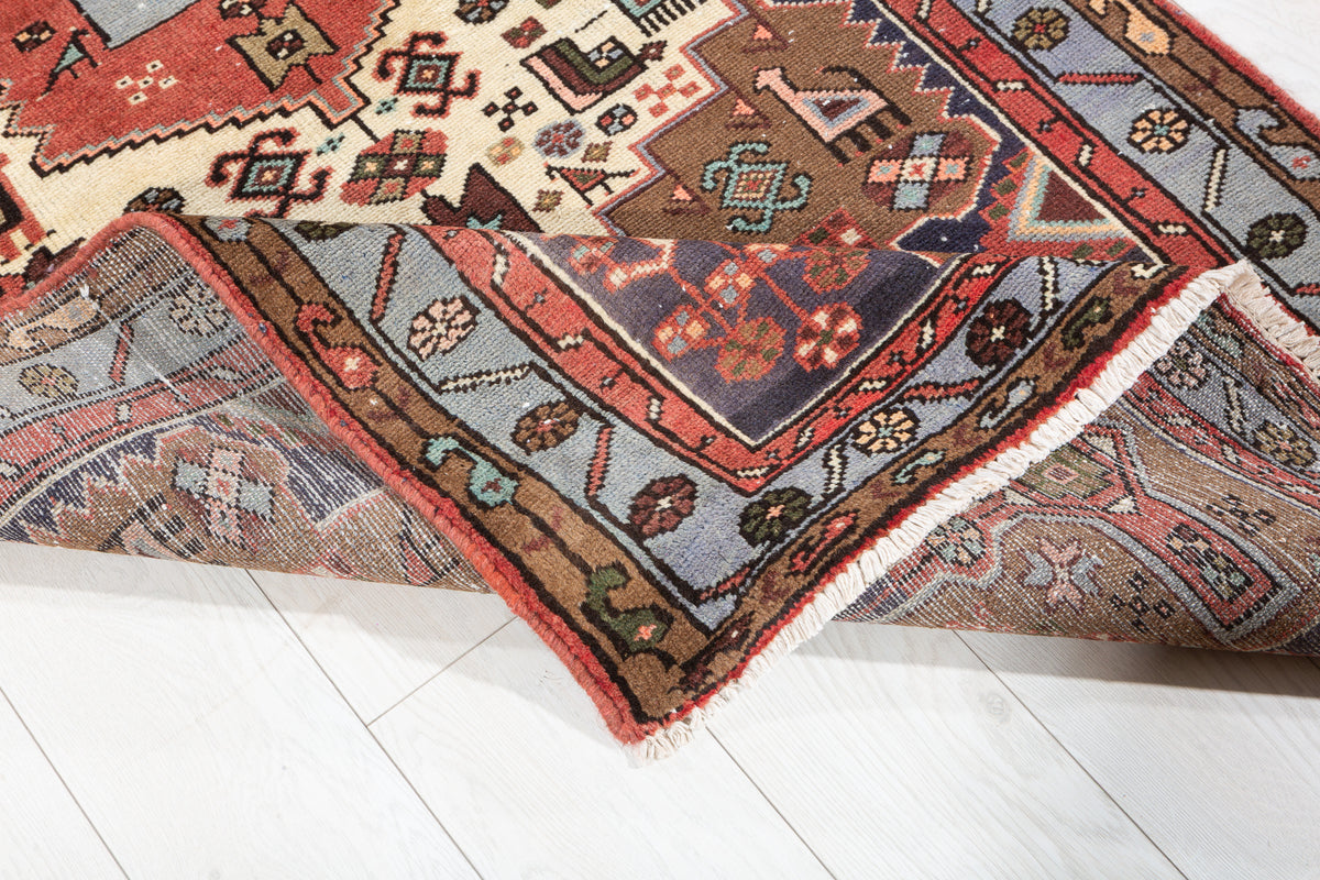 Vintage Brown and Blue Geometric Medallion Hand-Knotted Area Rug – 6' 4" x 3' 3" (194 x 98 cm)