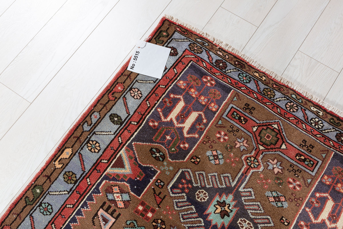 Vintage Brown and Blue Geometric Medallion Hand-Knotted Area Rug – 6' 4" x 3' 3" (194 x 98 cm)