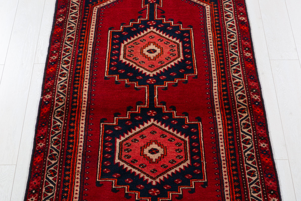 Vintage Red and Navy Blue Medallion Hand-Knotted Area Rug – 6' 8" x 3' 5" (202 x 104 cm)
