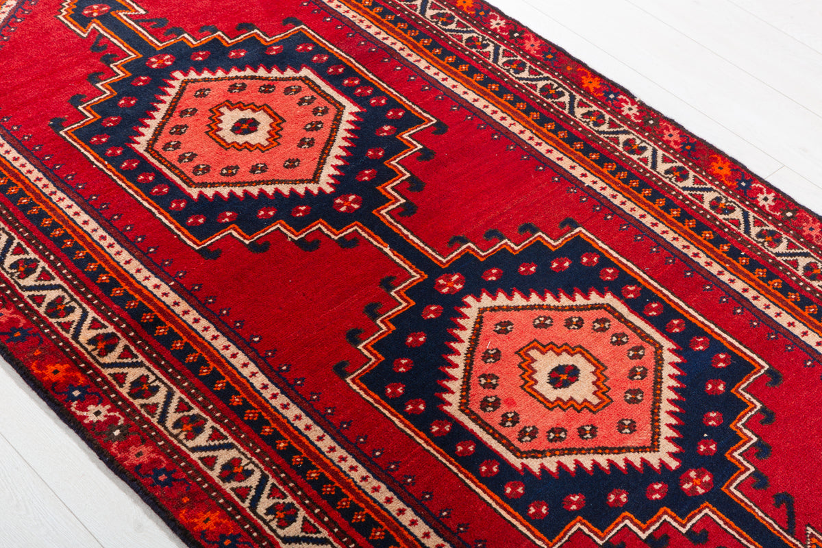 Vintage Red and Navy Blue Medallion Hand-Knotted Area Rug – 6' 8" x 3' 5" (202 x 104 cm)