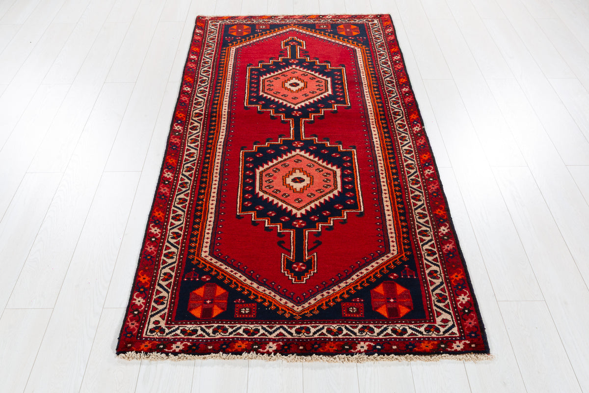 Vintage Red and Navy Blue Medallion Hand-Knotted Area Rug – 6' 8" x 3' 5" (202 x 104 cm)