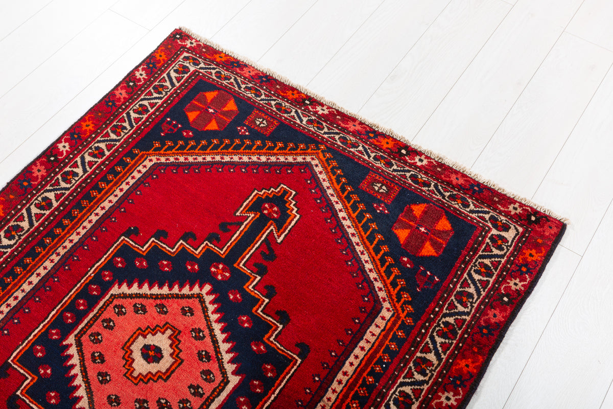 Vintage Red and Navy Blue Medallion Hand-Knotted Area Rug – 6' 8" x 3' 5" (202 x 104 cm)