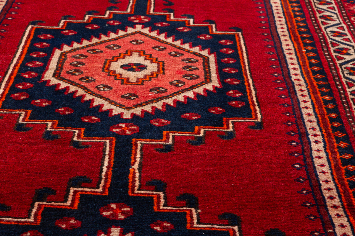 Vintage Red and Navy Blue Medallion Hand-Knotted Area Rug – 6' 8" x 3' 5" (202 x 104 cm)