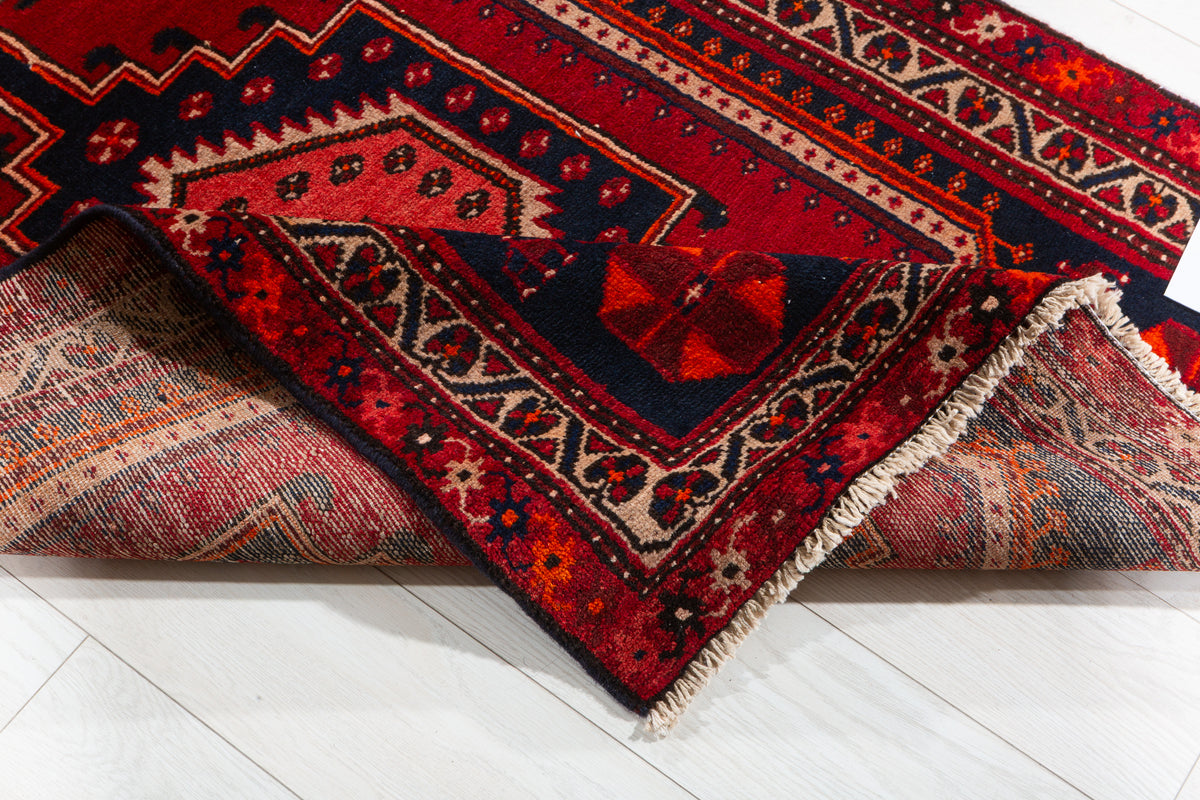 Vintage Red and Navy Blue Medallion Hand-Knotted Area Rug – 6' 8" x 3' 5" (202 x 104 cm)