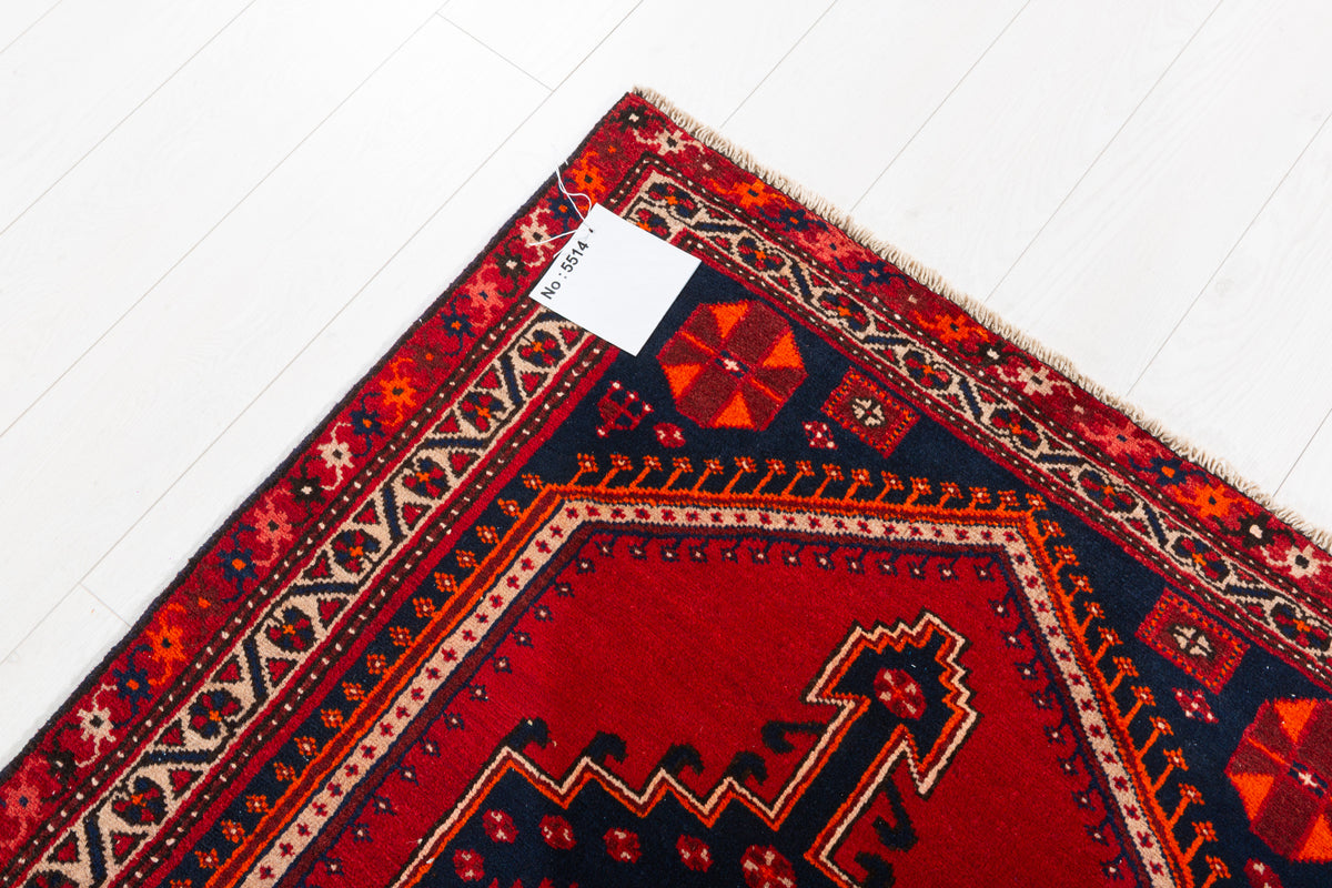 Vintage Red and Navy Blue Medallion Hand-Knotted Area Rug – 6' 8" x 3' 5" (202 x 104 cm)